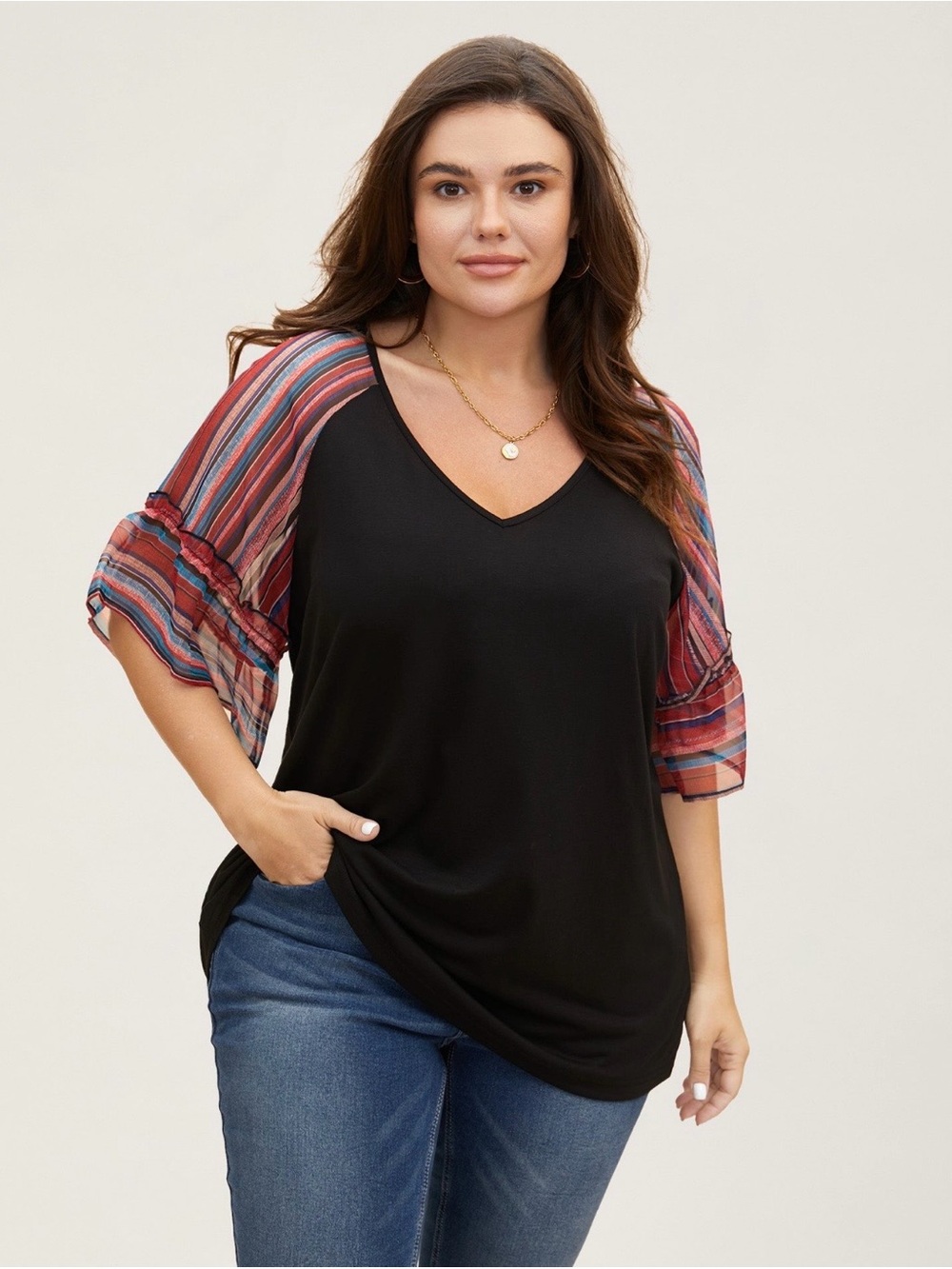BloomChic V-Neck Black Top Multicolor Red Sheer Striped Flutter Sleeves 14-16
